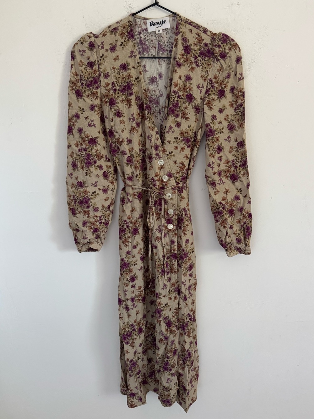 Rouje Gabin Floral Purple Midi Wrap Dress EU 34 XS V-Neck Long Sleeve
